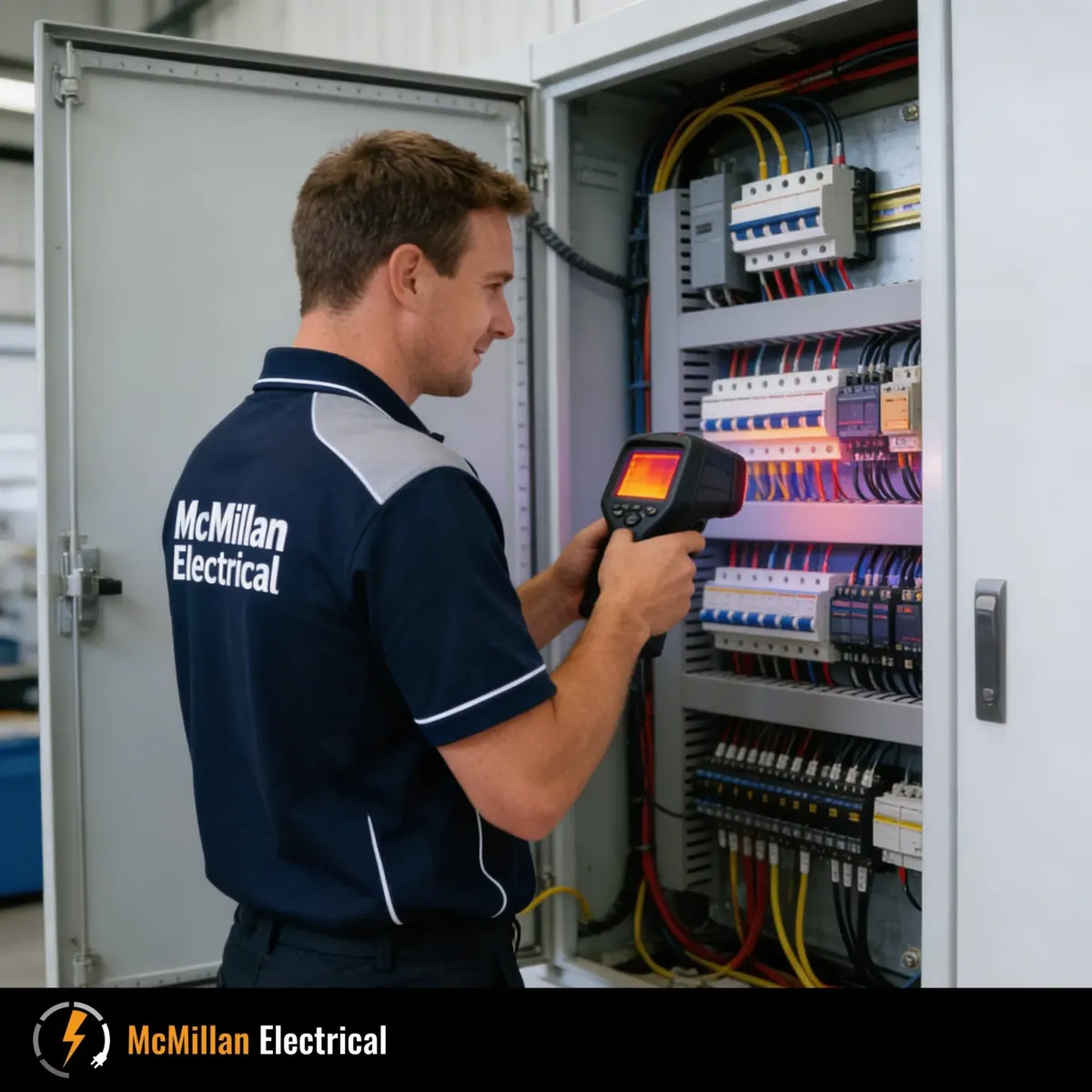 Electrician inspecting outdated fuse board in an Edenbridge business unit, identifying common electrical issues — McMillan Electrical.