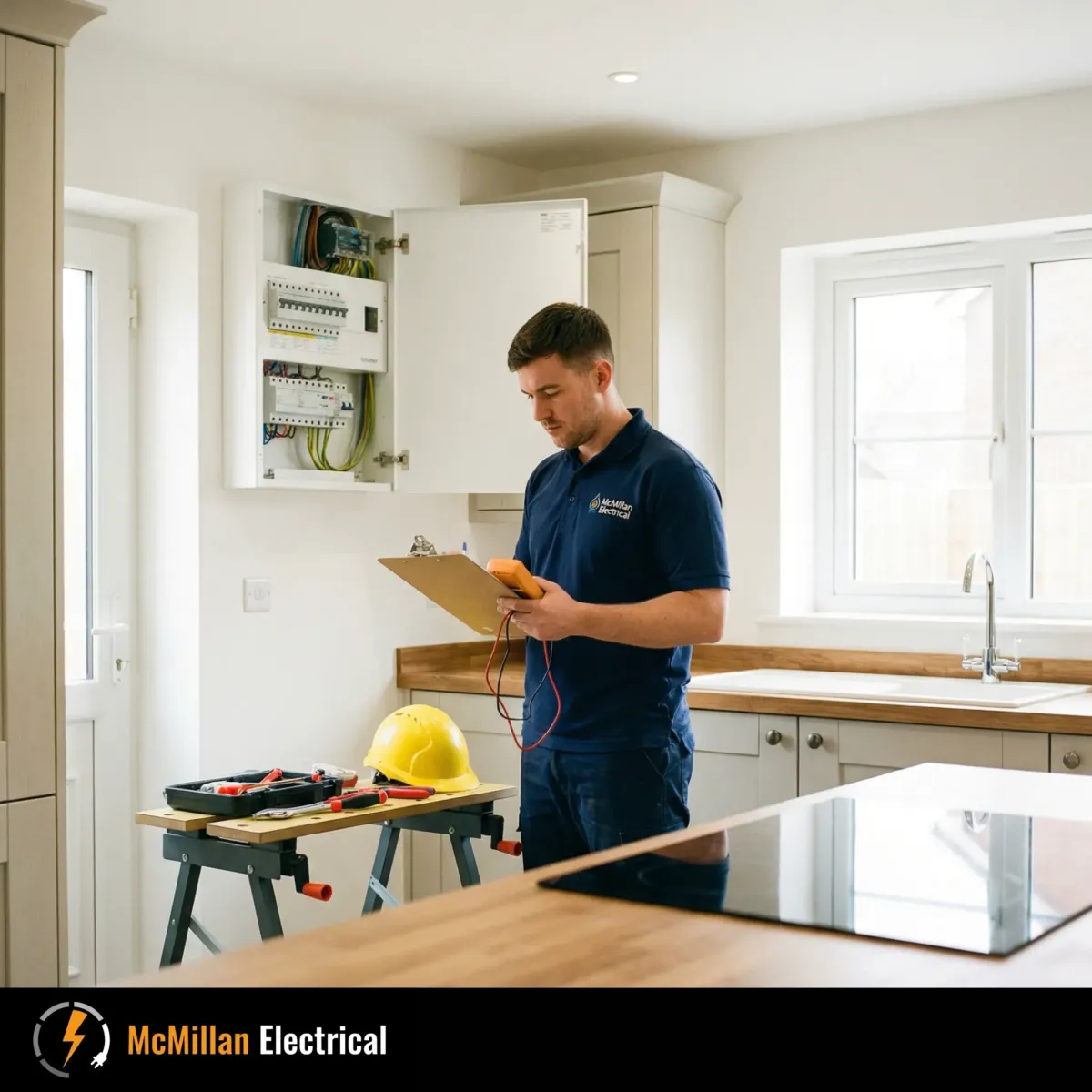 McMillan Electrical engineer performing a home electrical safety inspection inside a modern Edenbridge kitchen — testing the consumer unit with tools and clipboard on site.