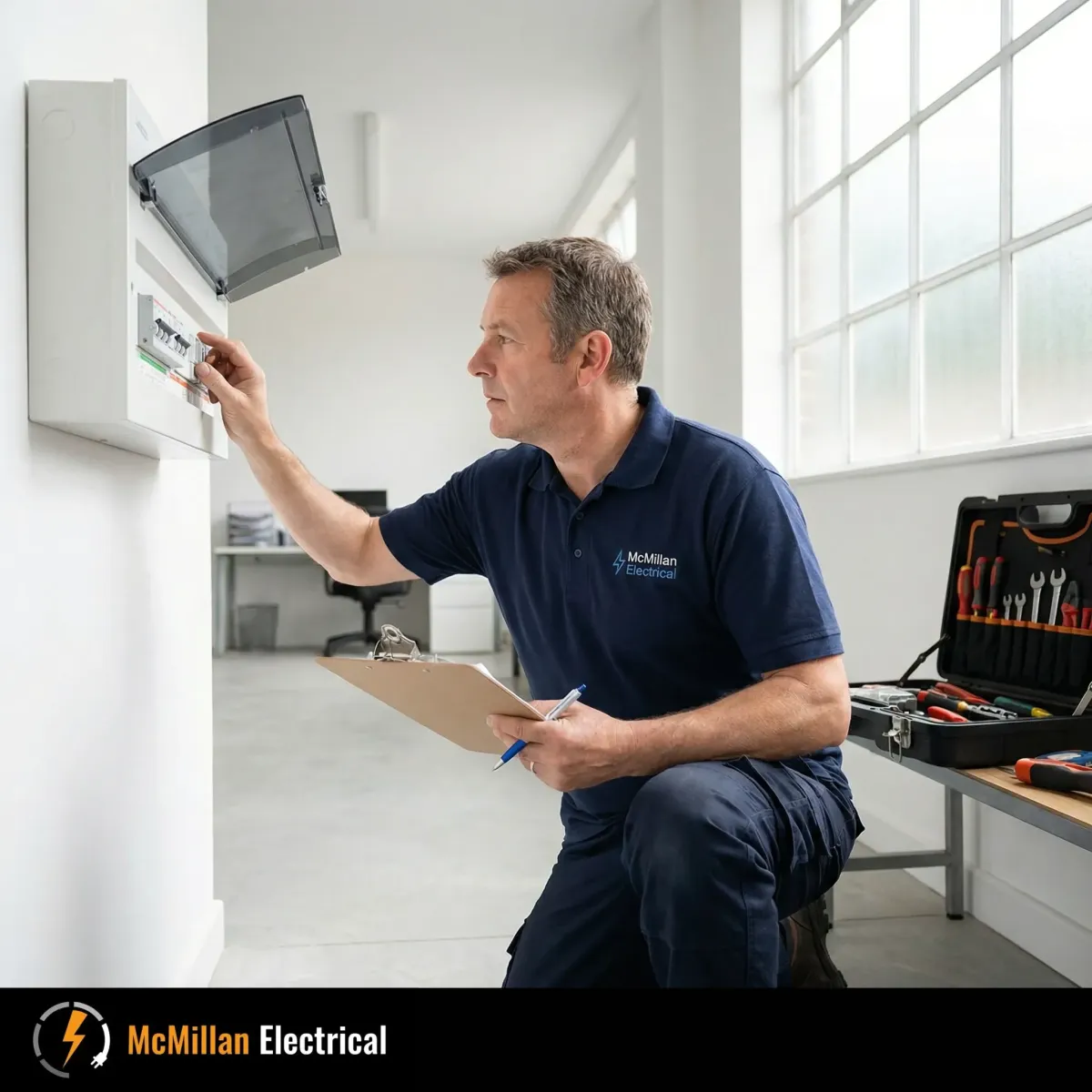 McMillan Electrical engineer carrying out a commercial electrical inspection and compliance checklist in Haywards Heath