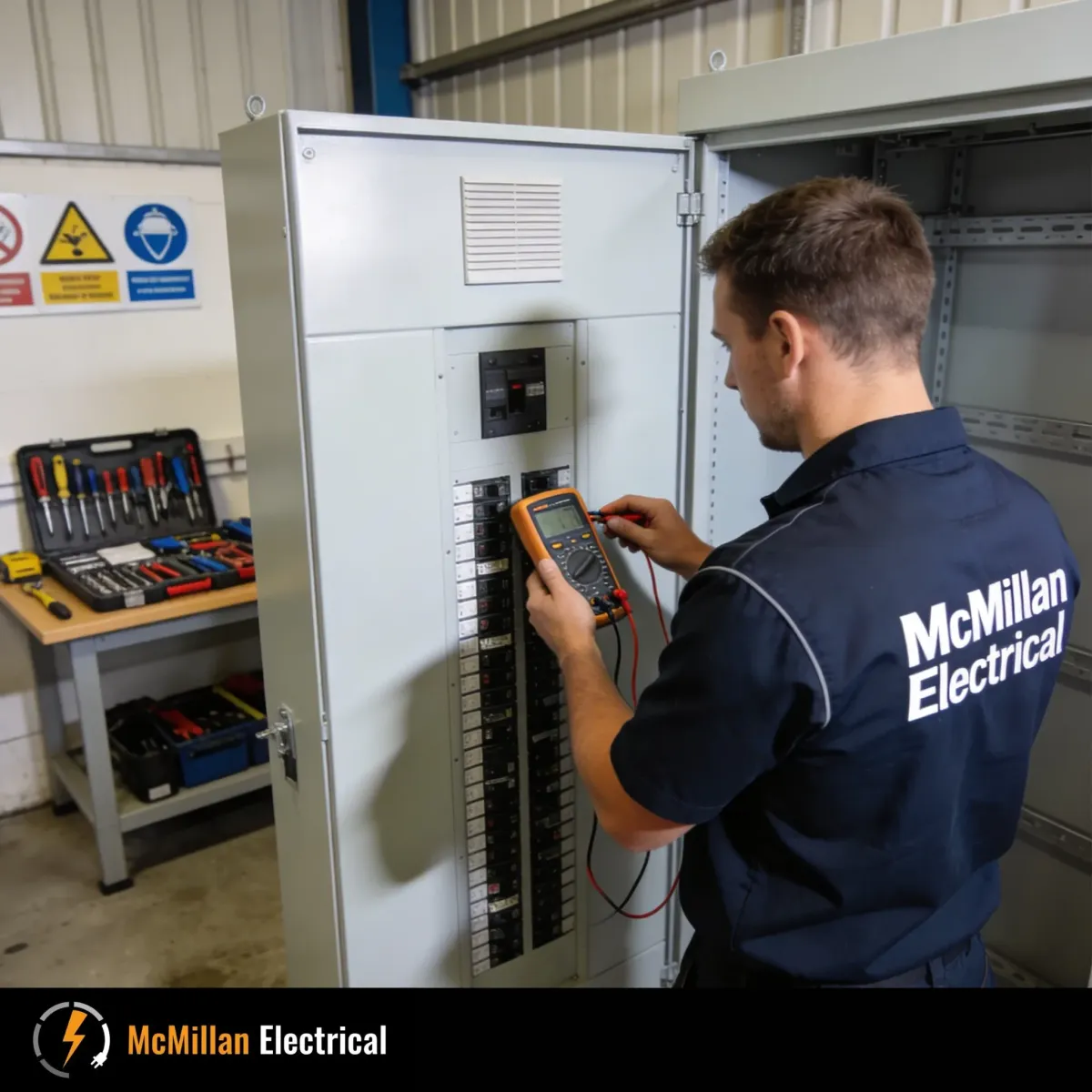 McMillan Electrical technician testing a commercial distribution board in a Lingfield business premises, ensuring safe and compliant operation.