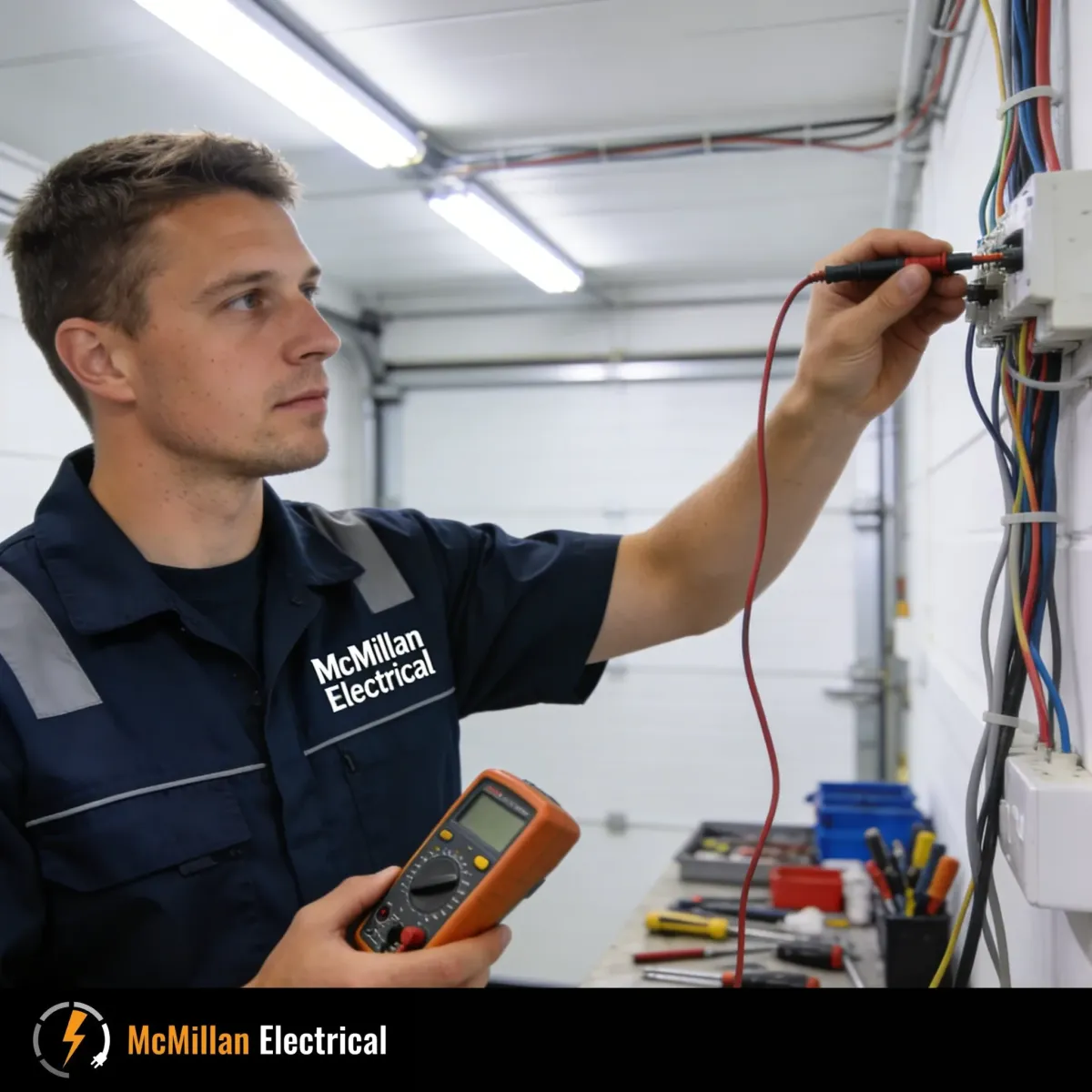 McMillan Electrical engineer in Lingfield testing socket wiring for faults, investigating early signs of electrical issues in a domestic or light commercial setting.