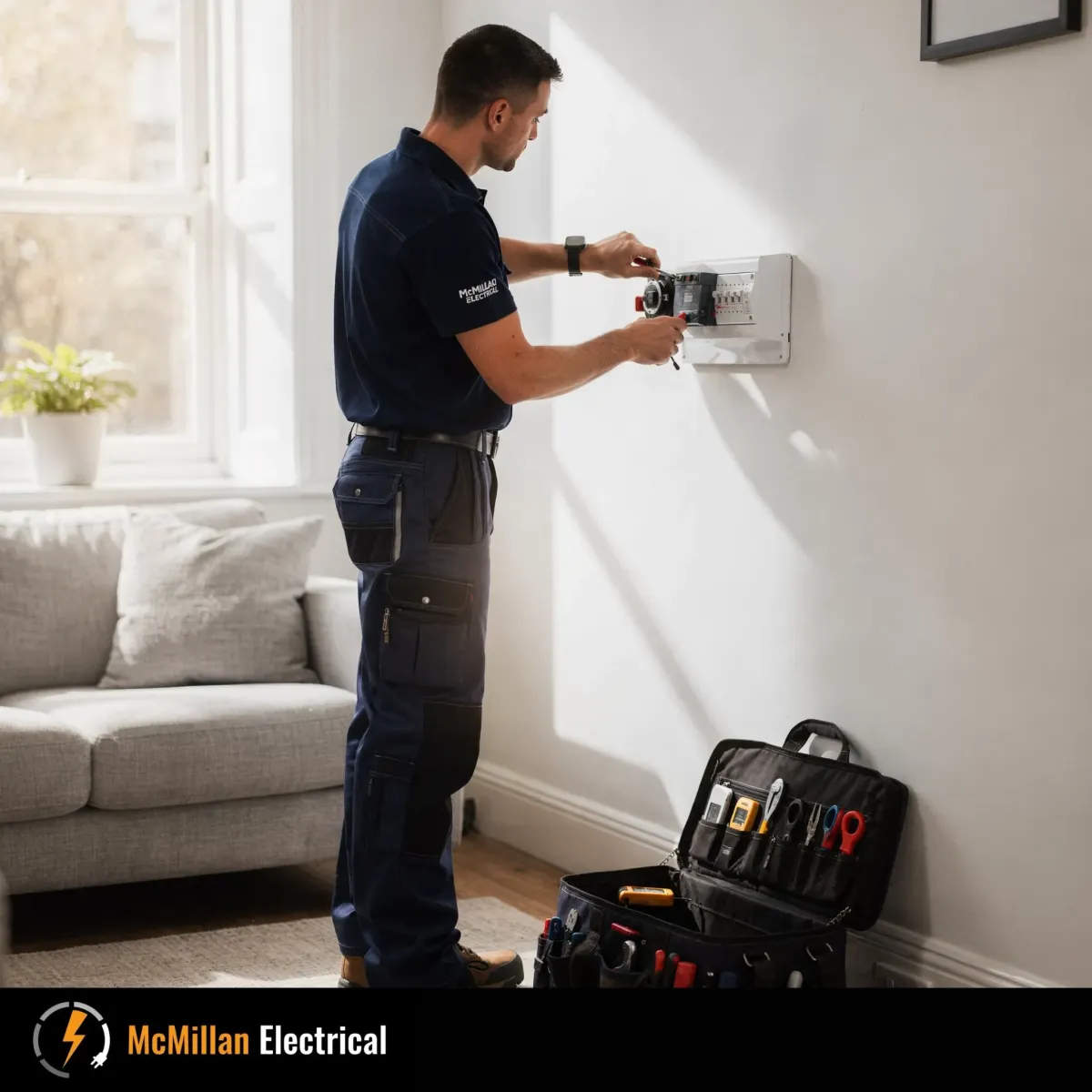 McMillan Electrical technician in Lingfield testing a home consumer unit during a daytime safety check, with tools neatly arranged and soft natural light filling the room.