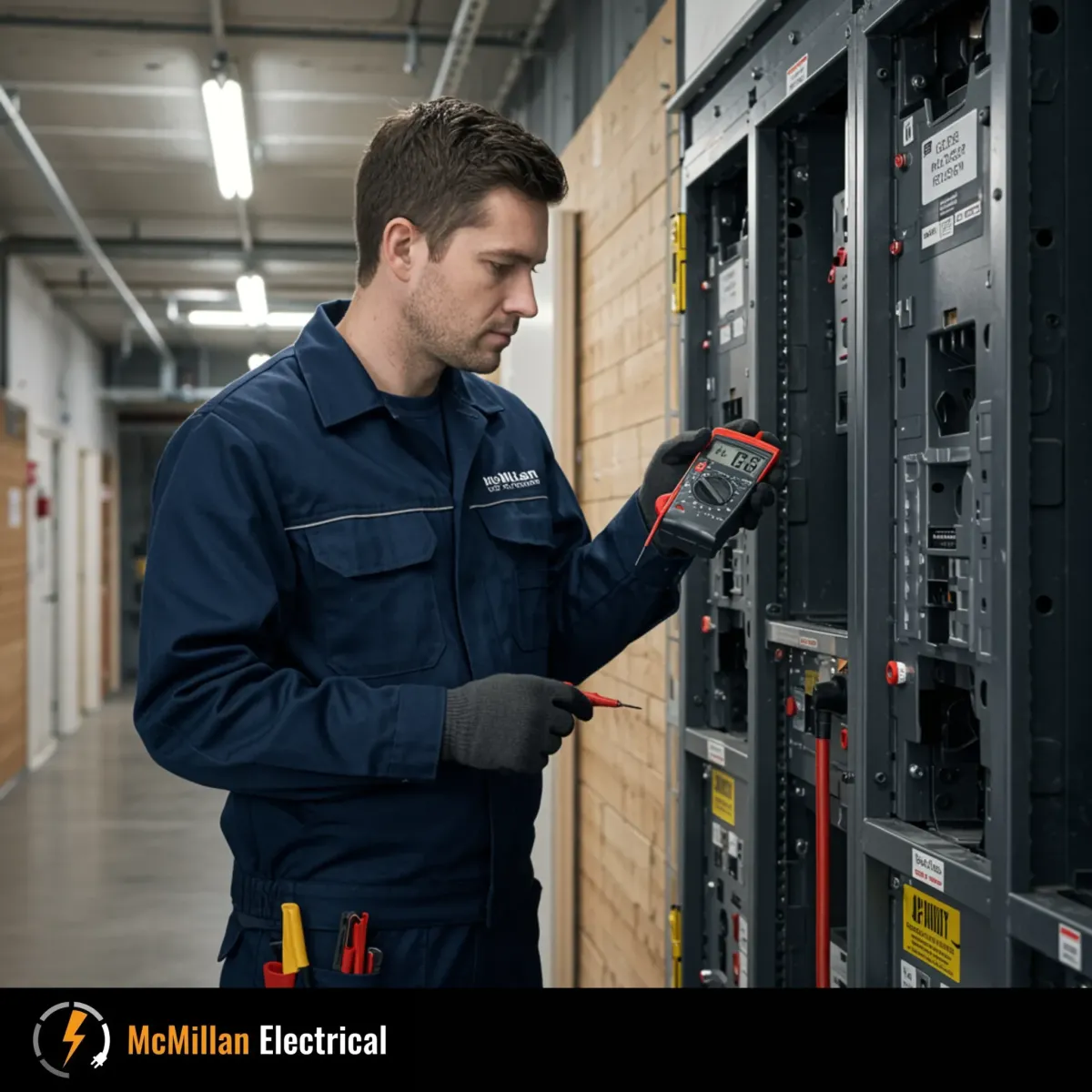 McMillan Electrical commercial electrician in Oxted testing a distribution board with a multimeter during an electrical inspection to prevent downtime and ensure compliance.