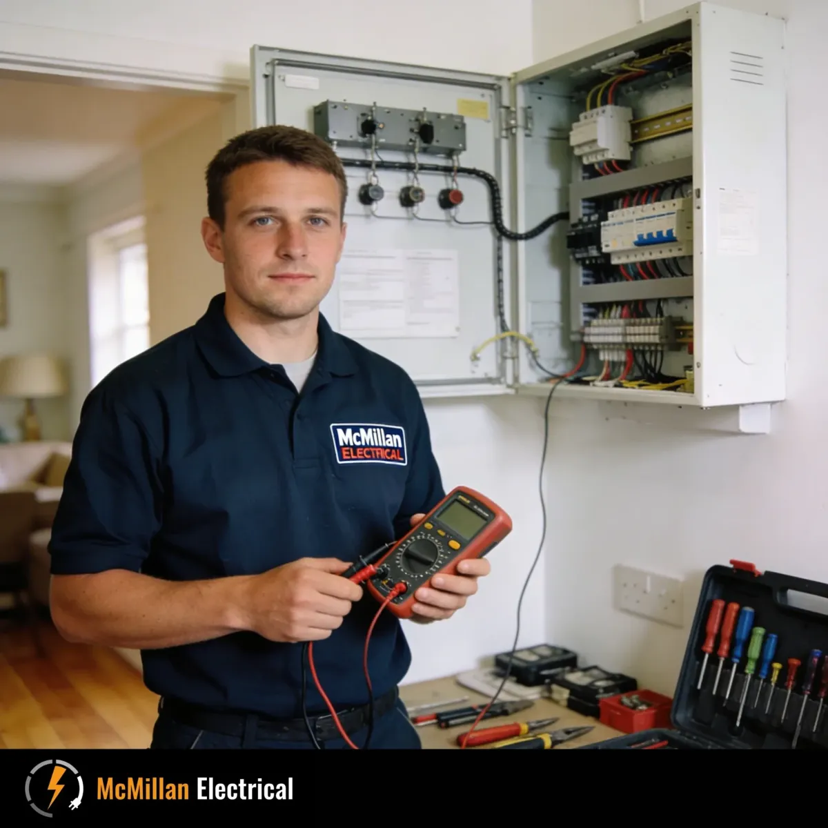 McMillan Electrical electrician in Oxted testing a home consumer unit with a multimeter as part of electrical safety checks, RCD testing, and EICR compliance.