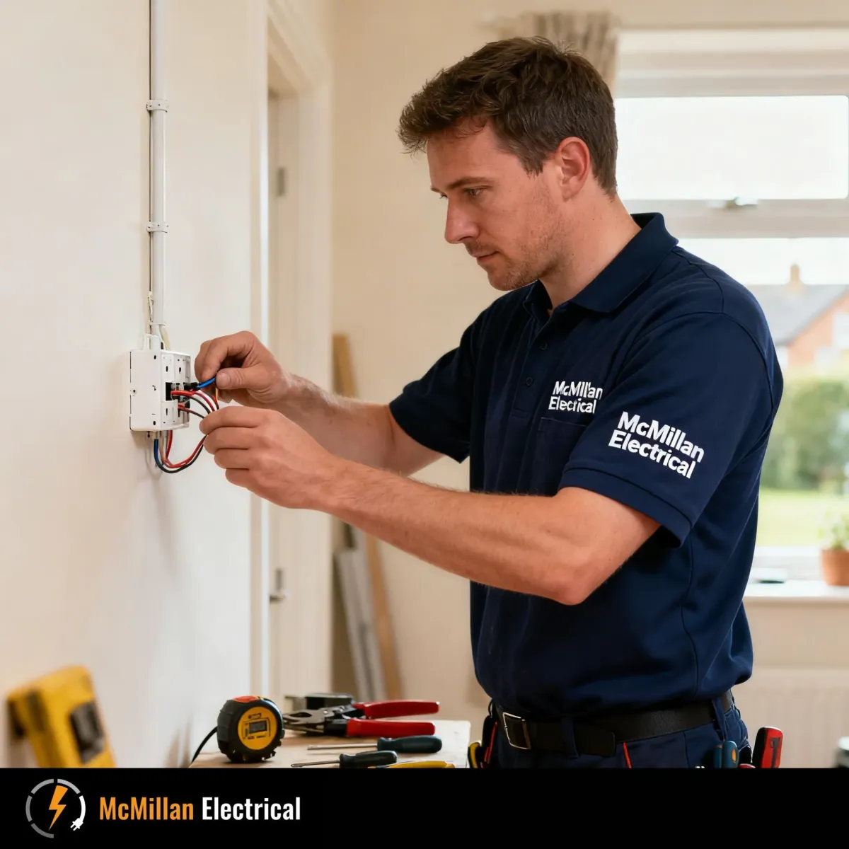 Electrician installing and wiring a socket in a residential property in Sevenoaks
