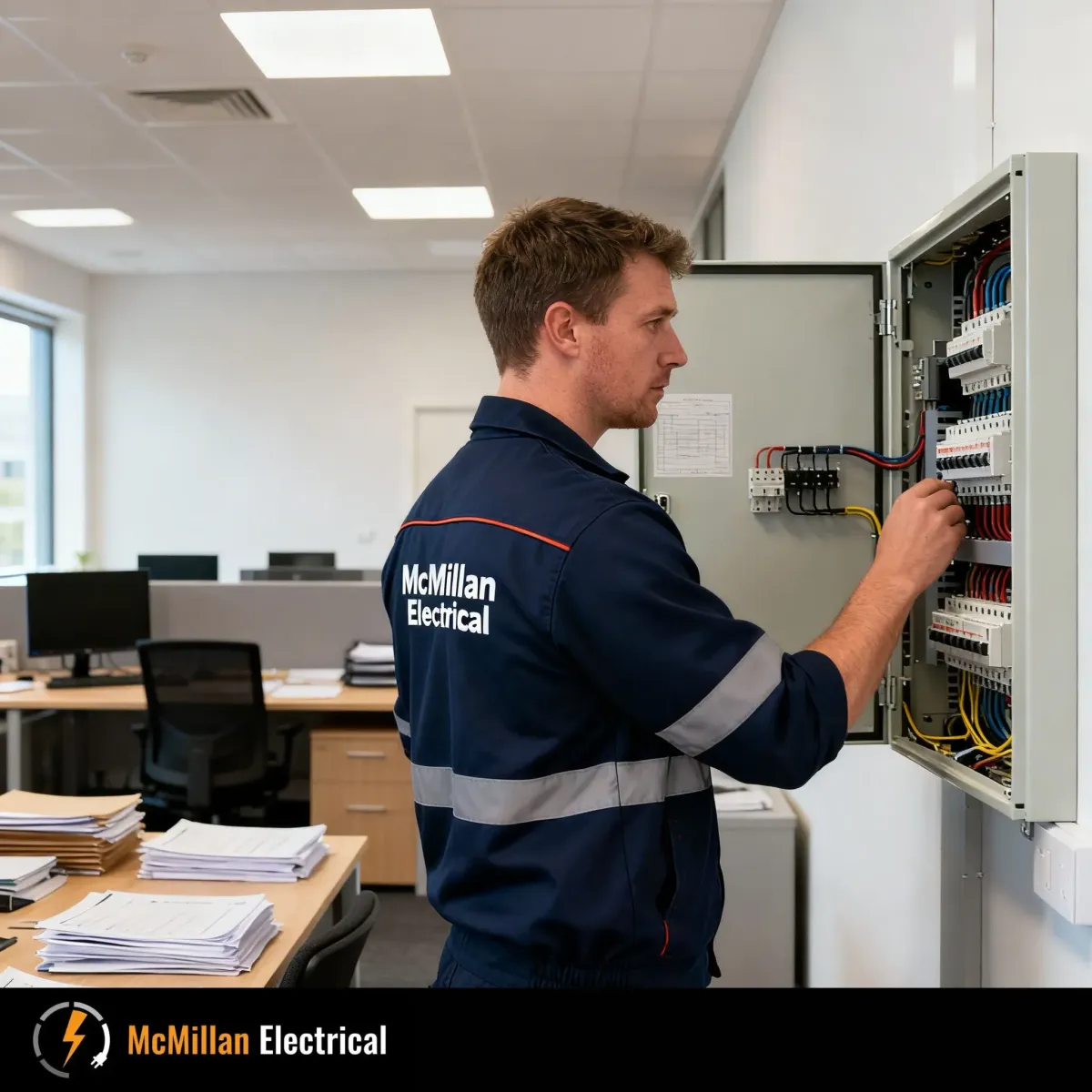 Commercial electrician inspecting an electrical panel in a modern office in Sevenoaks