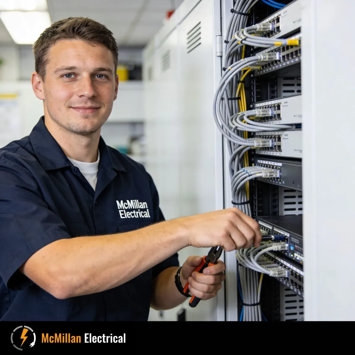 McMillan Electrical engineer carrying out electrical work on a commercial IT server rack in Uckfield