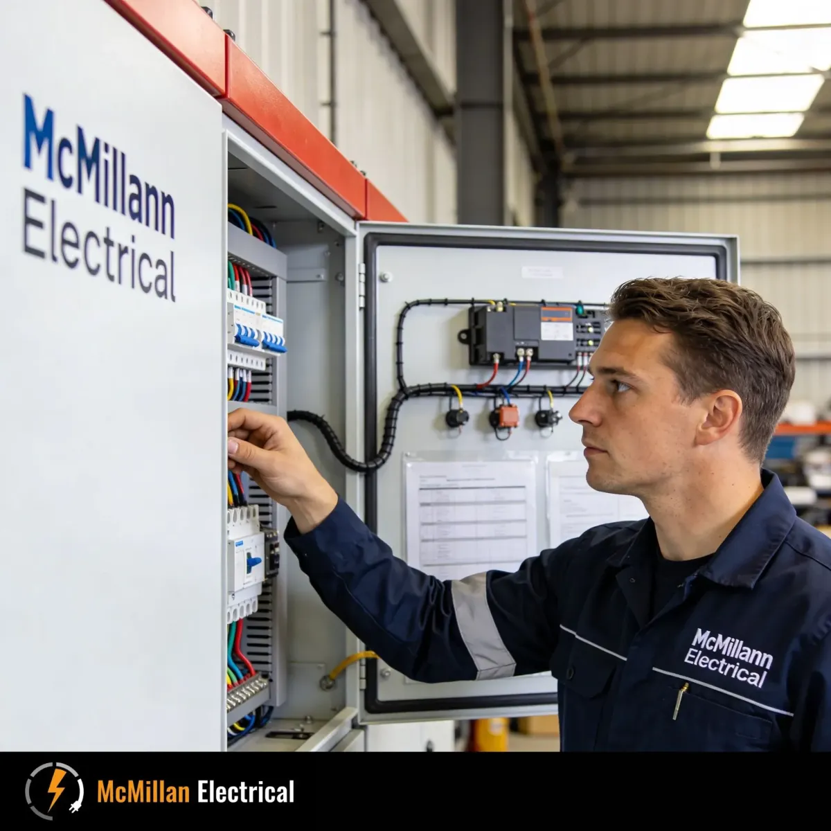 McMillan Electrical engineer inspecting a commercial distribution board at an industrial premises in Uckfield