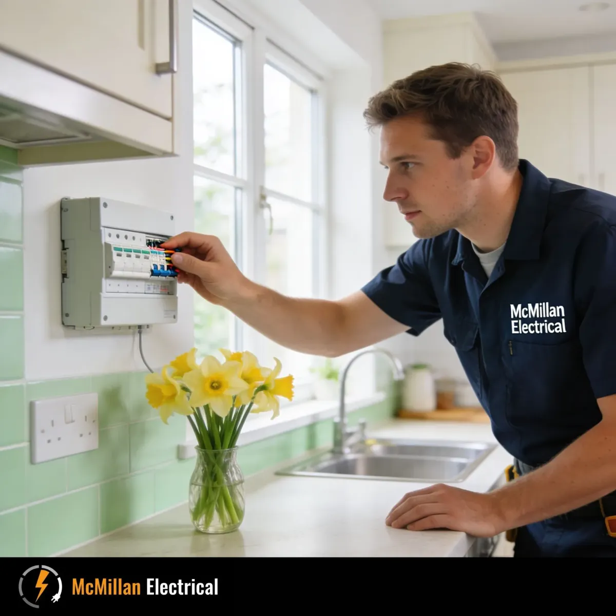 McMillan Electrical engineer inspecting a residential consumer unit in a kitchen in Uckfield