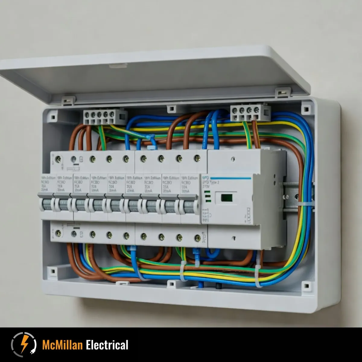 18th Edition consumer unit with individual RCBO protection and Type 2 SPD installed by McMillan Electrical