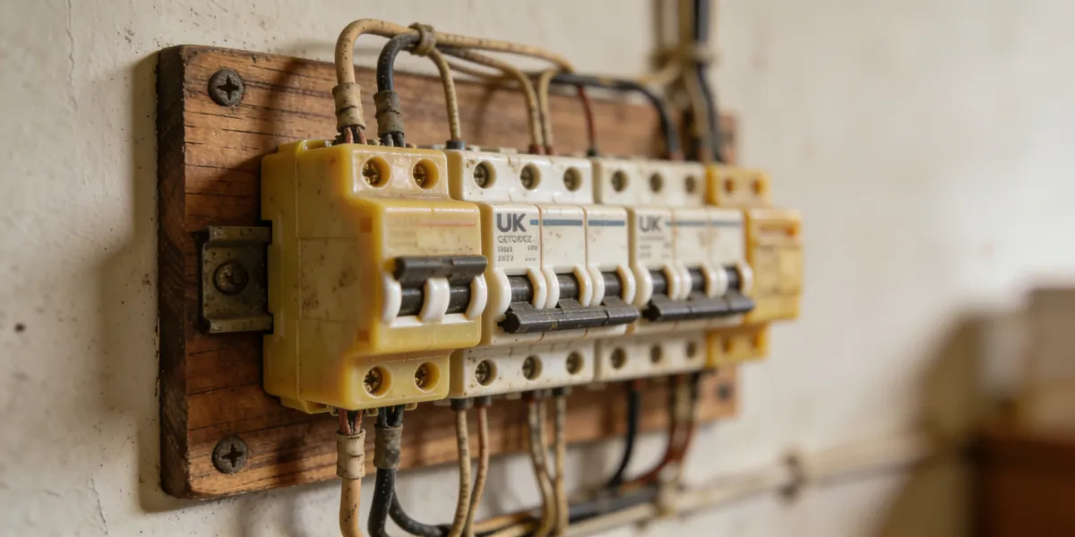Old outdated fuse board with wooden backboard — a common sign that a consumer unit upgrade is needed