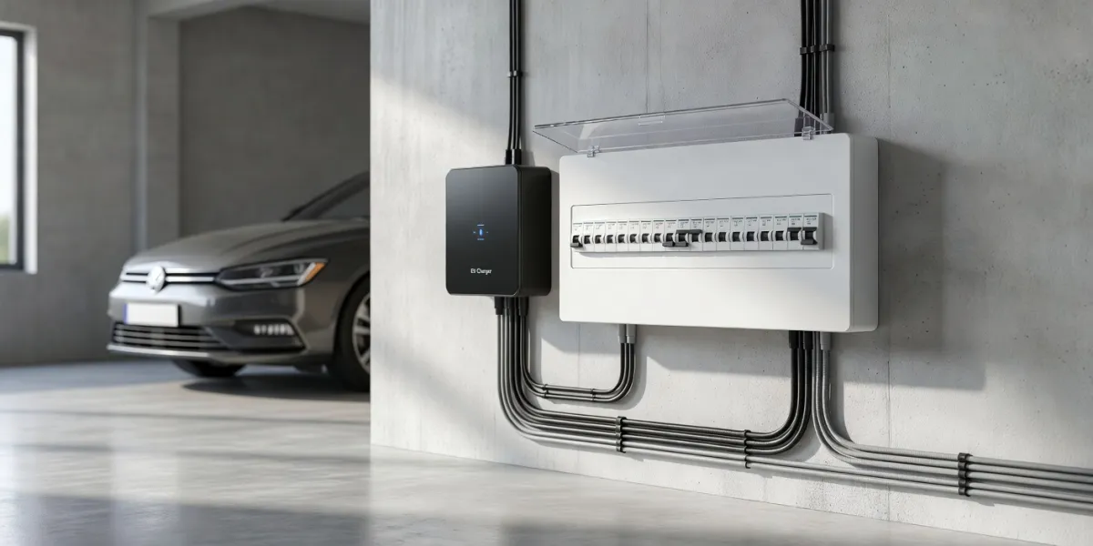 EV charger and consumer unit installed side by side in a domestic garage — a combined installation carried out by McMillan Electrical