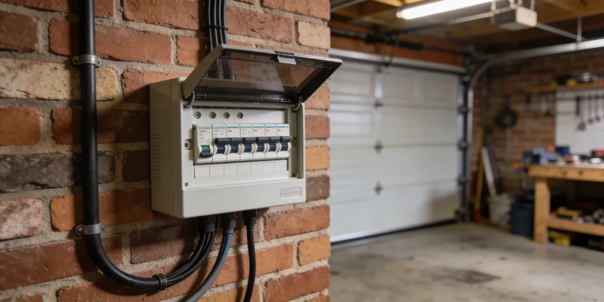 IP-rated garage consumer unit installed on a brick wall by McMillan Electrical — dedicated sub-board for a domestic garage in Sussex, Surrey or Kent