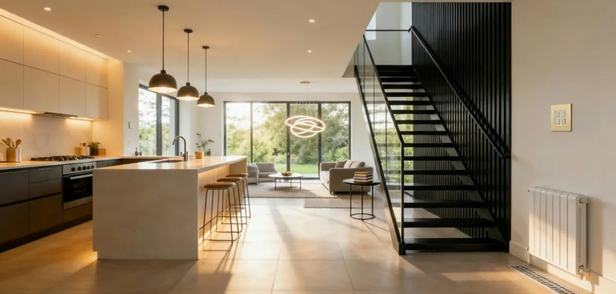Open-plan kitchen and living room with Lightwave smart lighting and heating controls installed by McMillan Electrical