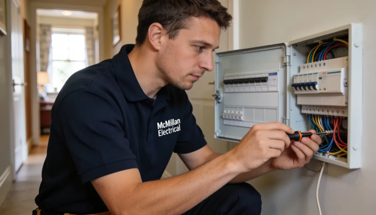 McMillan Electrical electrician installing a consumer unit in a Burgess Hill home — NICEIC-approved fuse box replacement