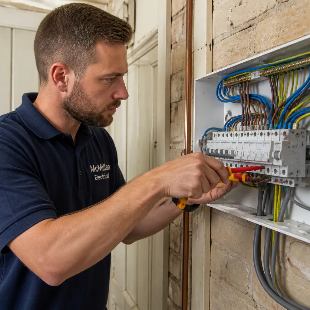 NICEIC-approved McMillan Electrical electrician carrying out a consumer unit upgrade at a home in Crowborough, East Sussex