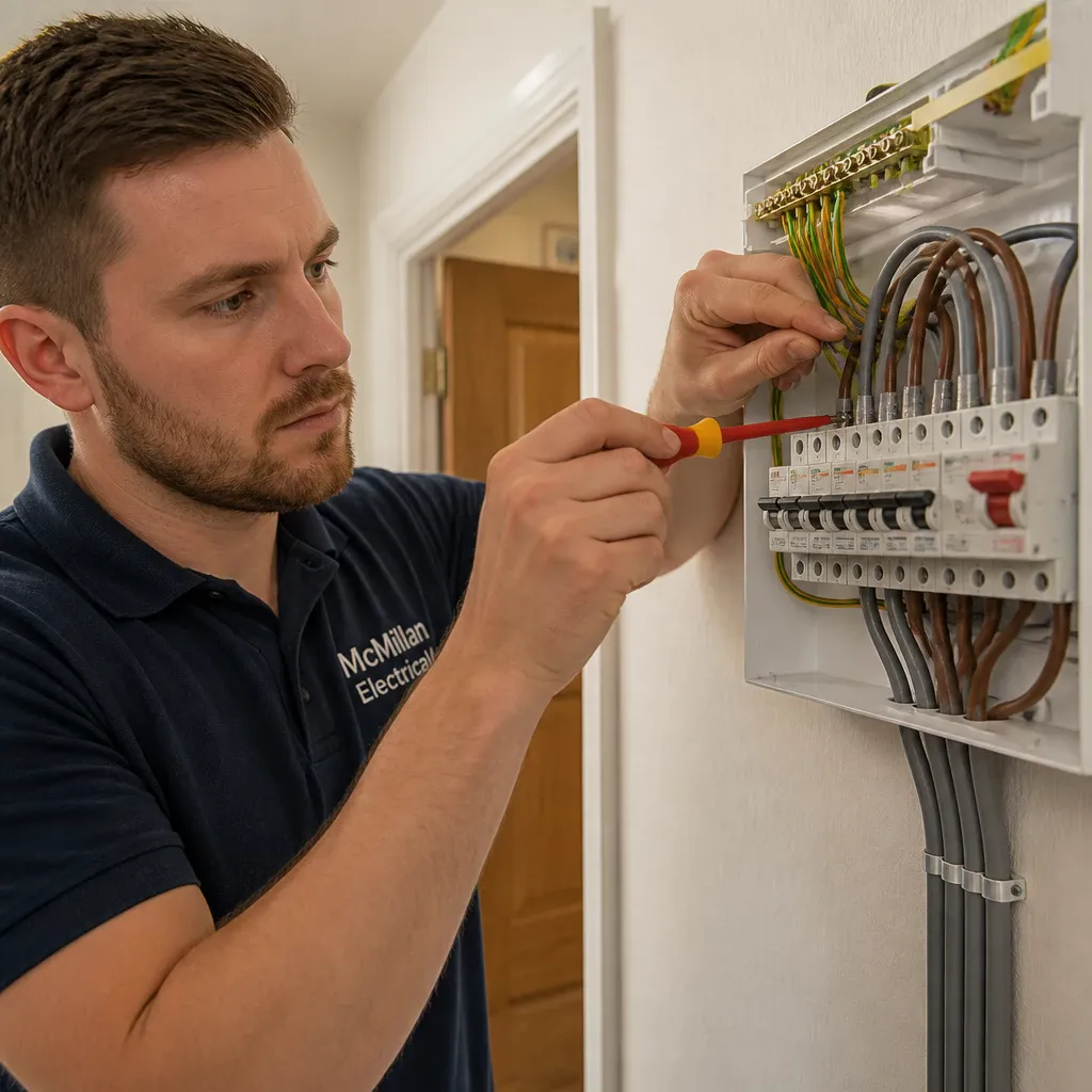 McMillan Electrical electrician installing a new consumer unit in a Crawley home, NICEIC-approved fuse box replacement