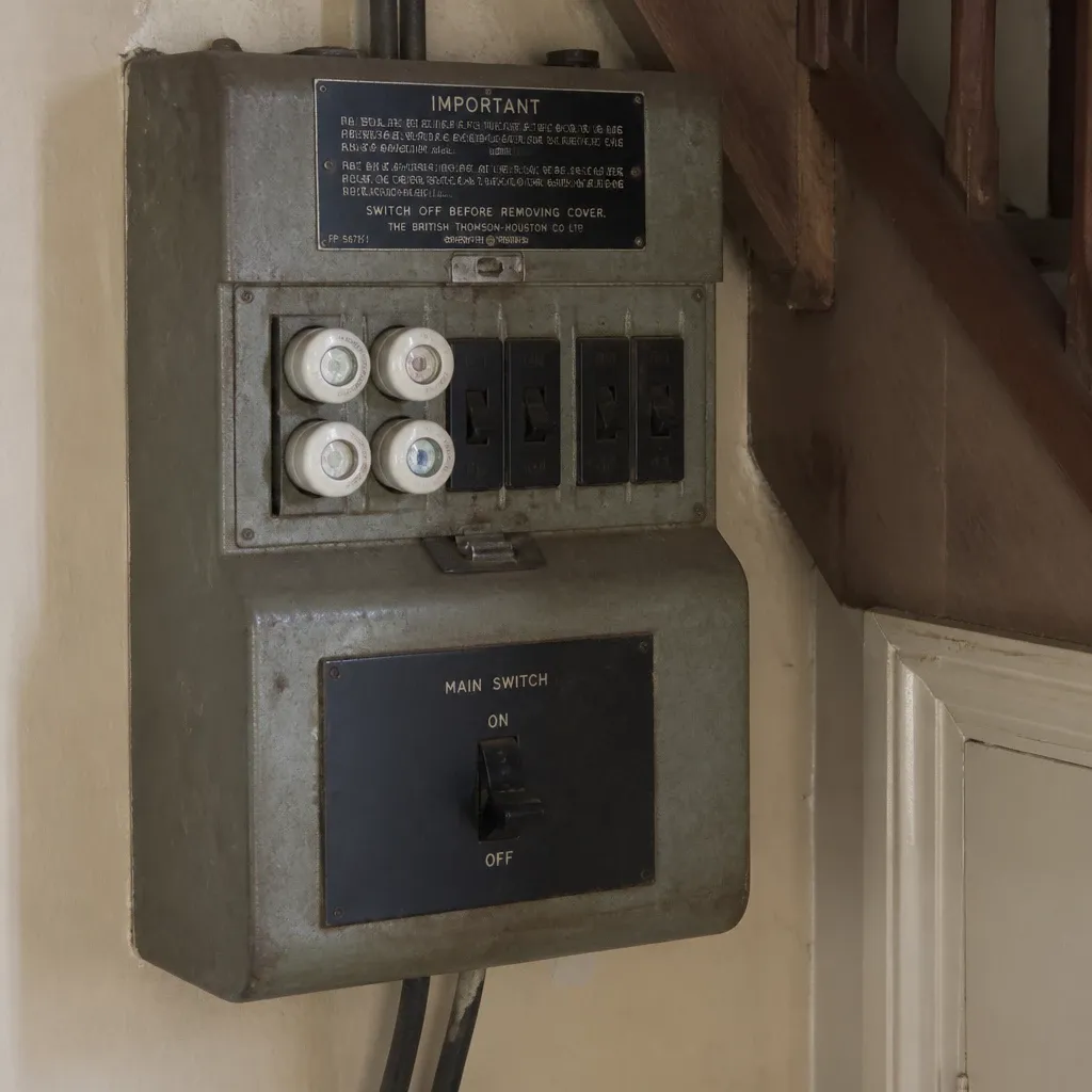 Old rewireable fuse board in a Crawley New Town property, a common sign a consumer unit upgrade is needed