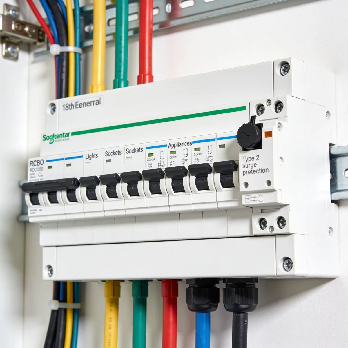 New 18th Edition consumer unit with individual RCBO protection and surge protection device installed in a Dorking home by McMillan Electrical