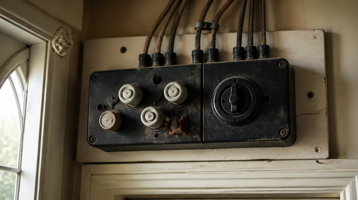 Original fuse board in a Victorian property in Dorking, a common sign a consumer unit upgrade is needed