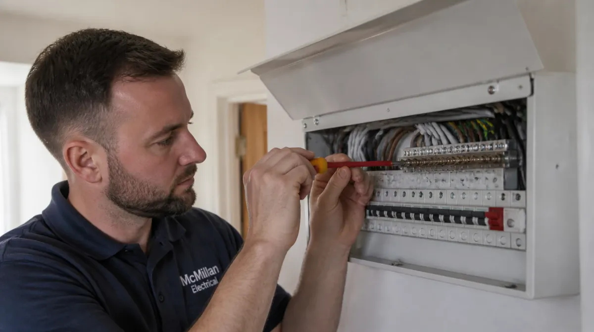 NICEIC-approved McMillan Electrical electrician carrying out a consumer unit upgrade at a home in Dorking, Surrey