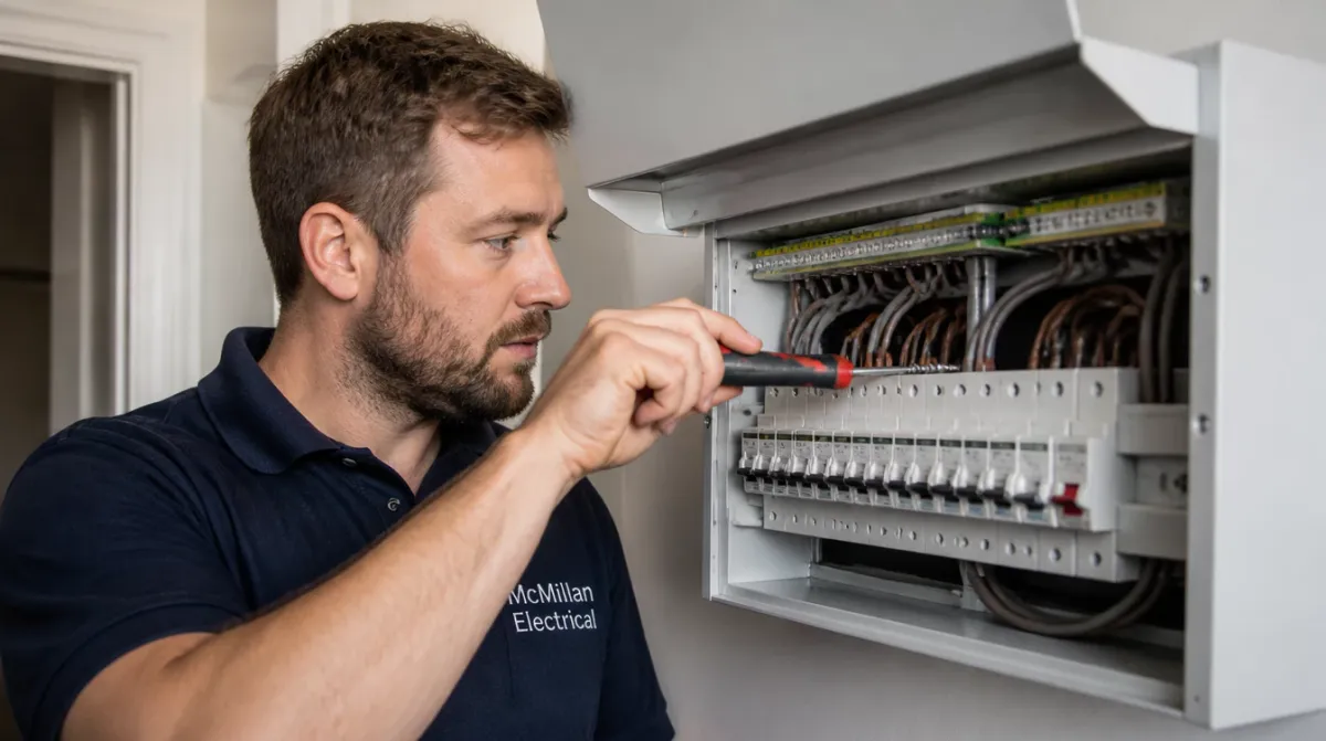 NICEIC-approved McMillan Electrical electrician carrying out a consumer unit upgrade at a home in Edenbridge, Kent
