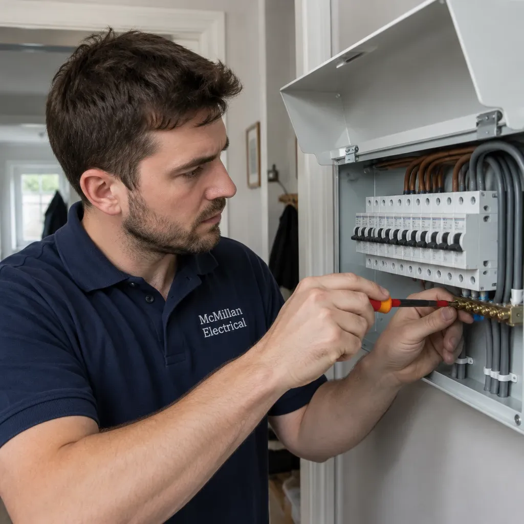 NICEIC-approved McMillan Electrical electrician carrying out a consumer unit upgrade at a home in East Grinstead, West Sussex