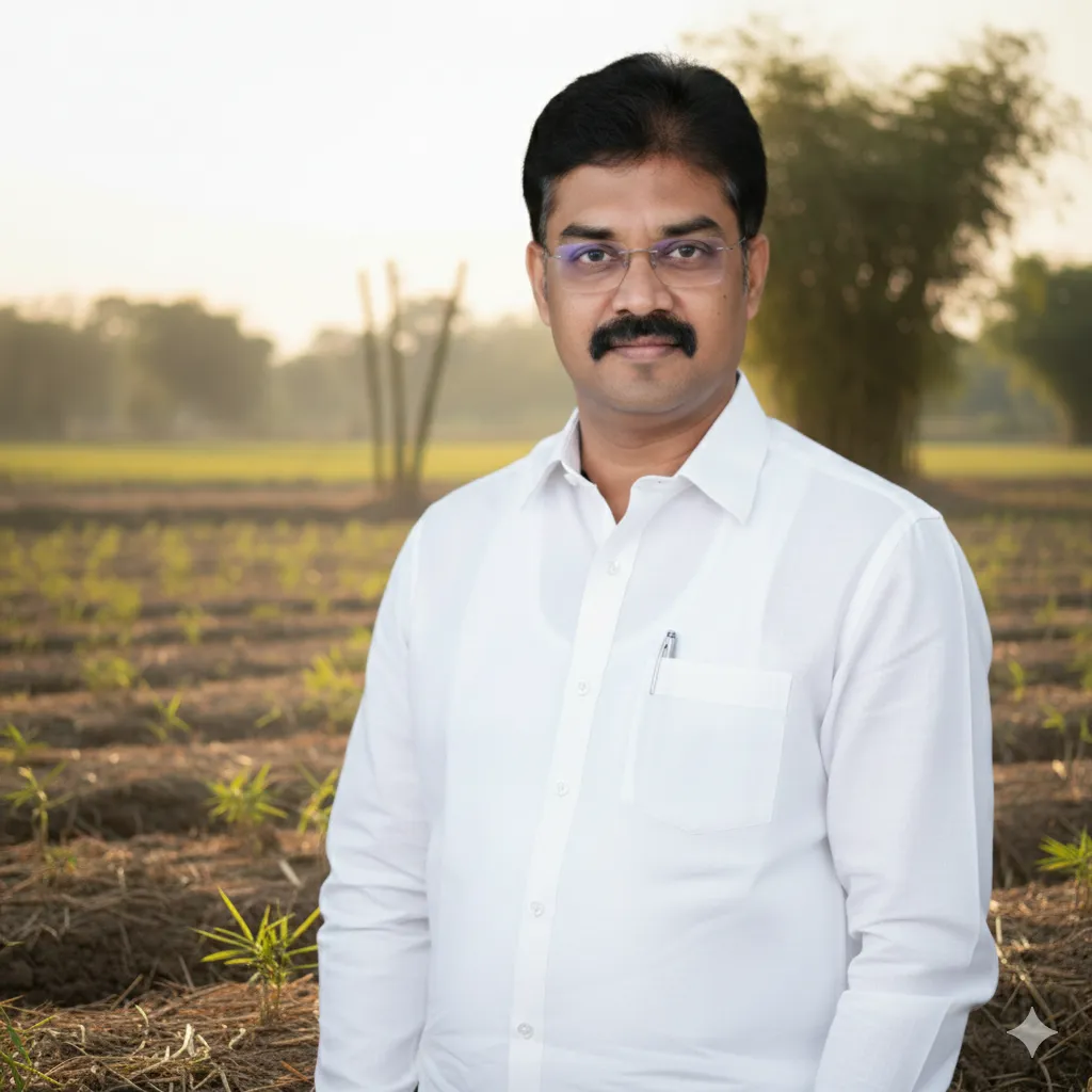 Rupineni Kaanthi standing in a rural demonstration plot, full waist-up portrait, warm golden-hour light, traditional clothing, visible bamboo shoots in soft background, photorealistic 1:1 founder portrait.