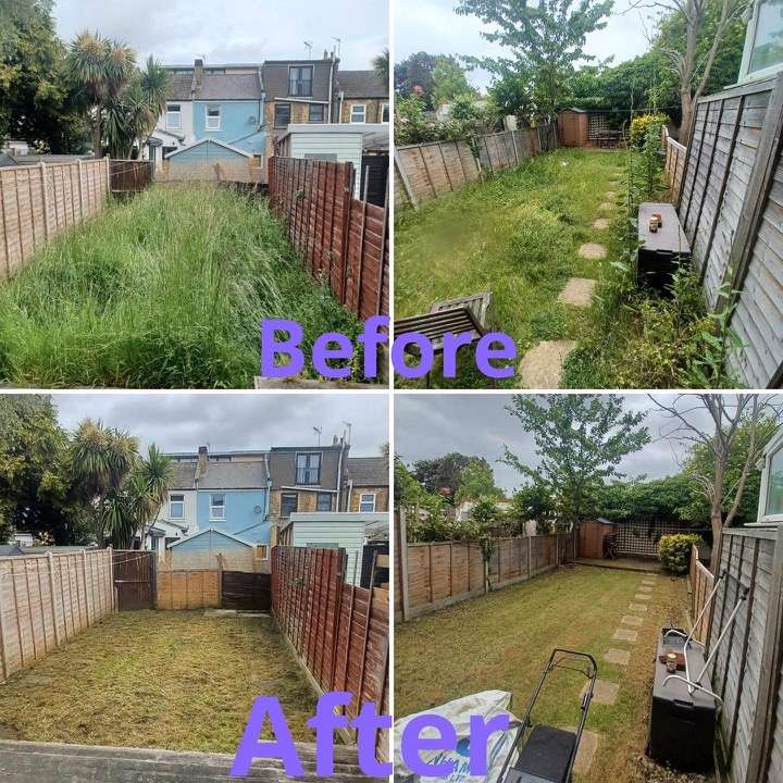 Before and after garden clearance with new fencing — overgrown garden transformed in Havering