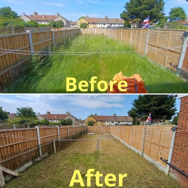 Before and after garden clearance — overgrown garden cleared to neat lawn with new fencing in Romford