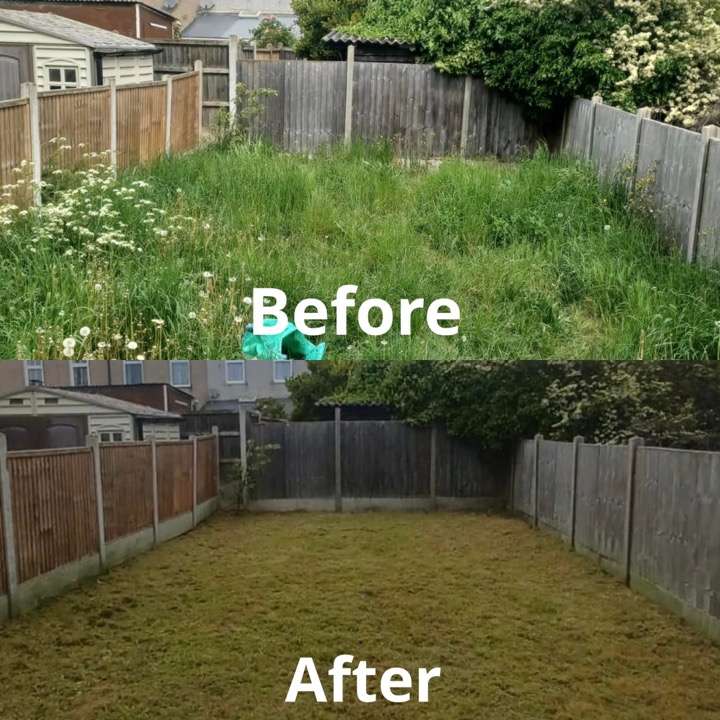 Before and after garden clearance — overgrown lawn fully cleared with grey fencing in Romford