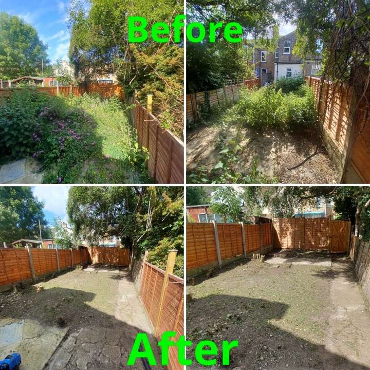 Before and after garden clearance — overgrown garden cleared with new trellis fencing in Romford