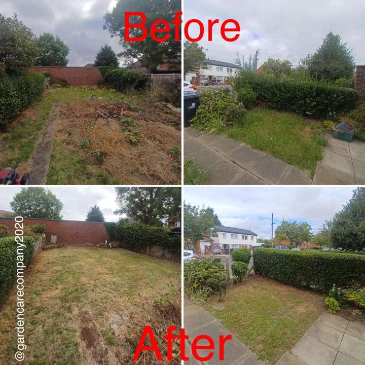 Before and after front garden hedge clearance — brick wall border with clean path in Romford