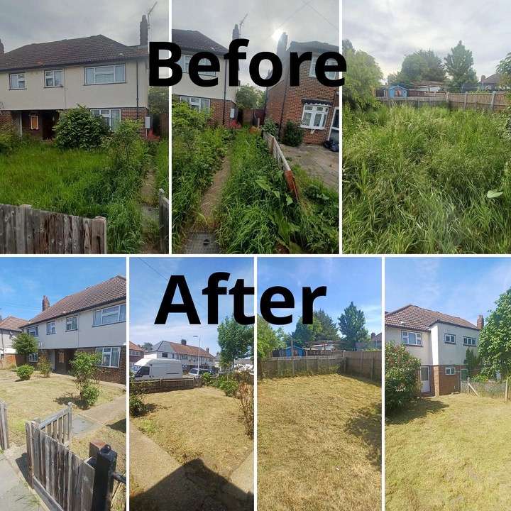 Before and after garden clearance across three overgrown properties in East London