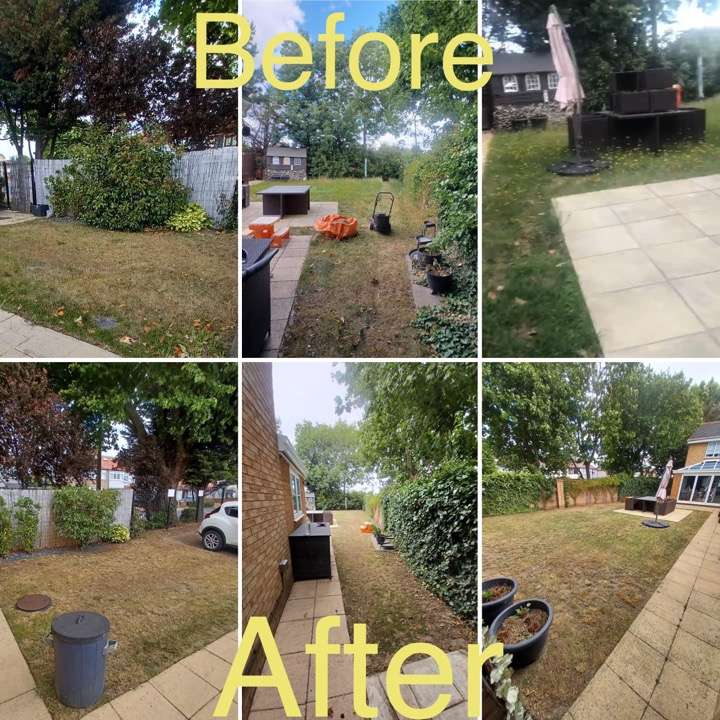 Before and after garden maintenance — patio, planters and conservatory garden in East London