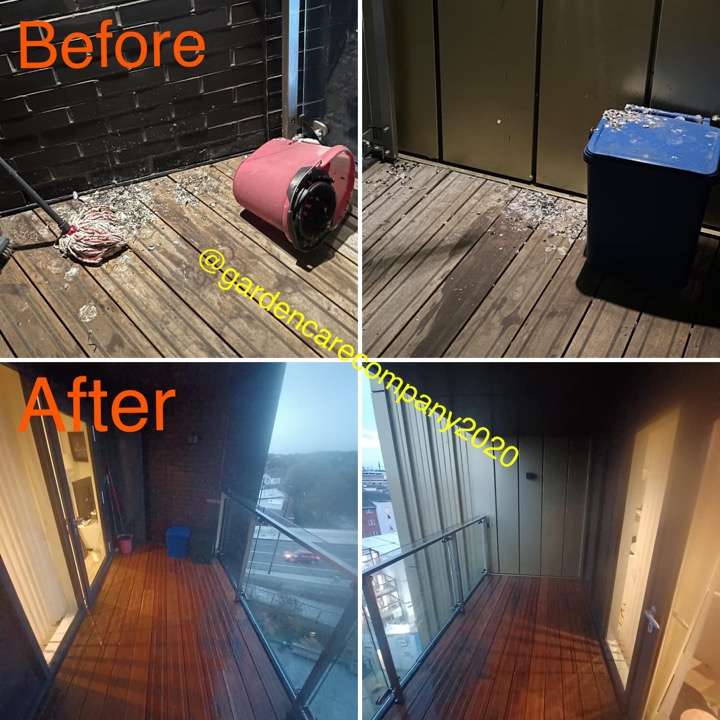 Before and after decking pressure washing — weathered decking restored to natural wood in Havering