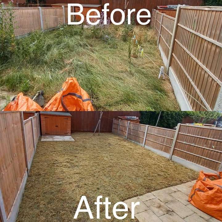 Before and after turf laying — overgrown garden cleared and new turf laid in East London