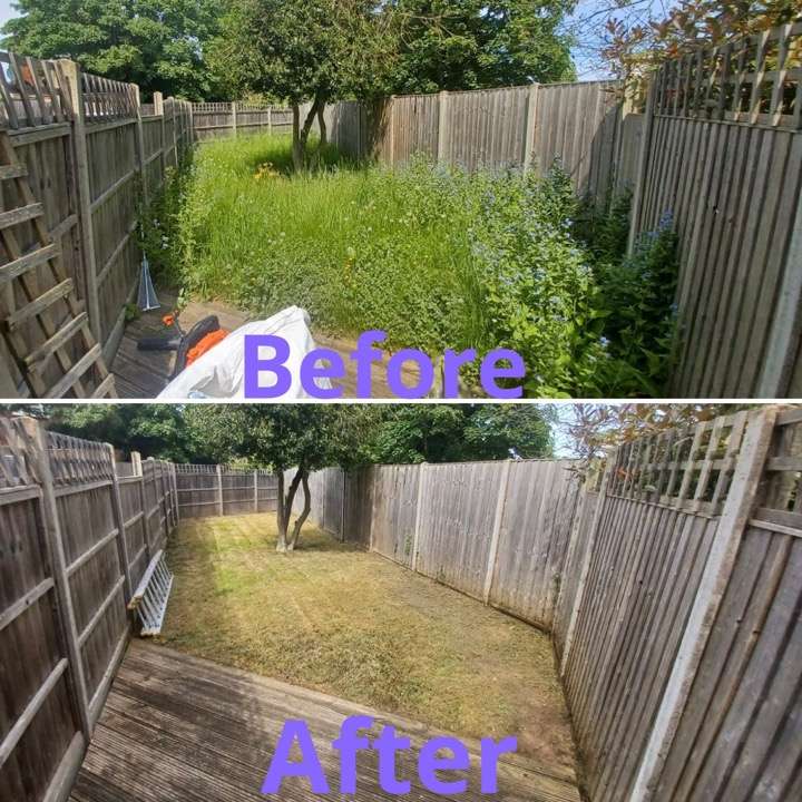 Before and after garden clearance — overgrown garden with decking cleared to open lawn in Havering