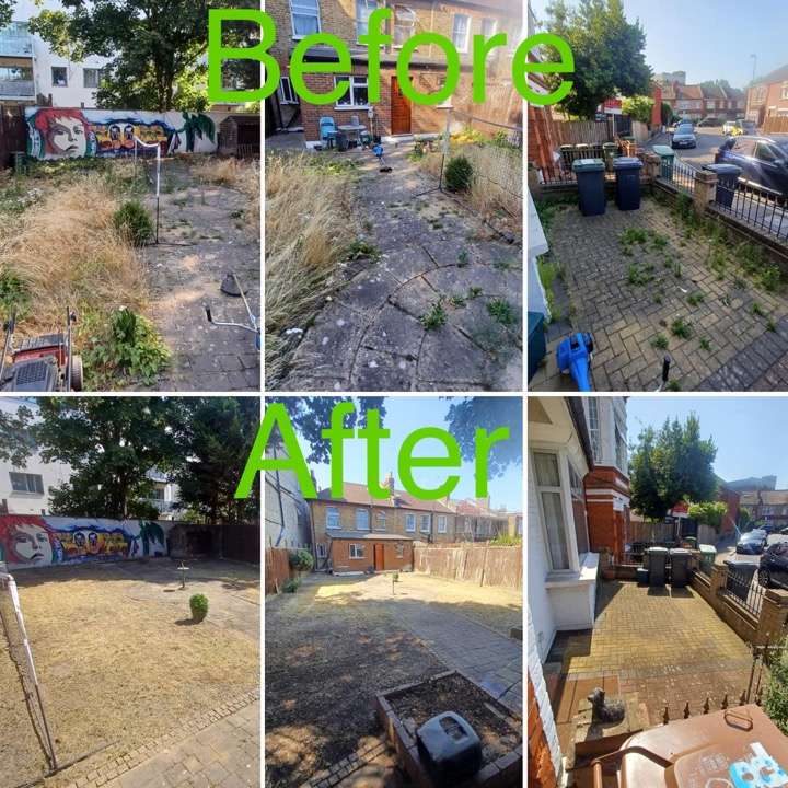 Before and after garden clearance — front and back clearance with graffiti mural wall in Romford