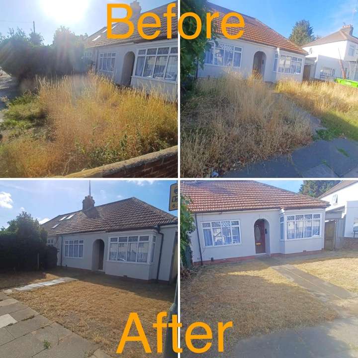 Before and after front garden clearance — bungalow hidden by overgrowth fully cleared in Romford