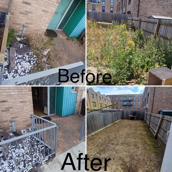 Before and after patio and garden clearance — modern new-build garden cleared in East London