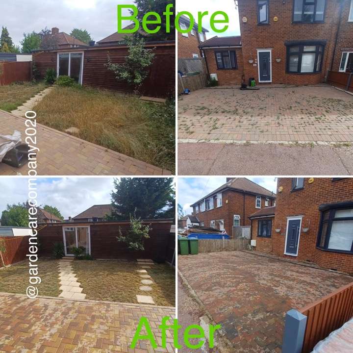 Before and after driveway pressure washing — block-paved driveway cleaned in Romford