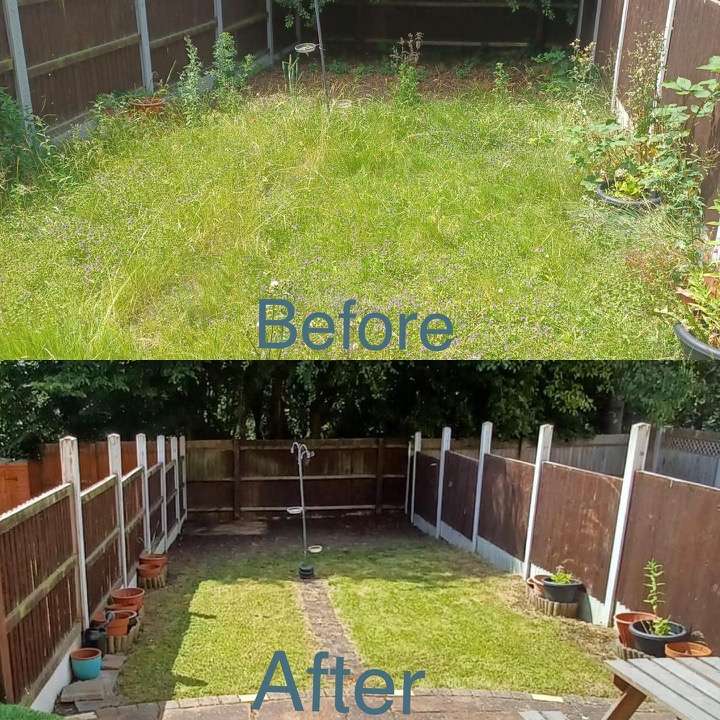 Before and after garden clearance — small fenced garden cleared in Romford
