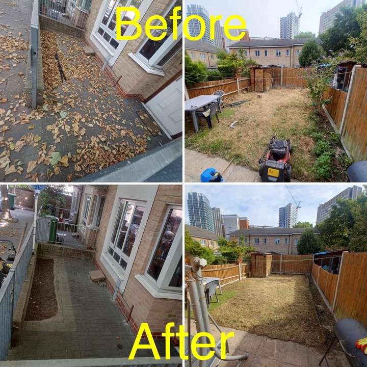 Before and after leaf clearance and patio cleaning — garden cleared with city skyline view in Havering