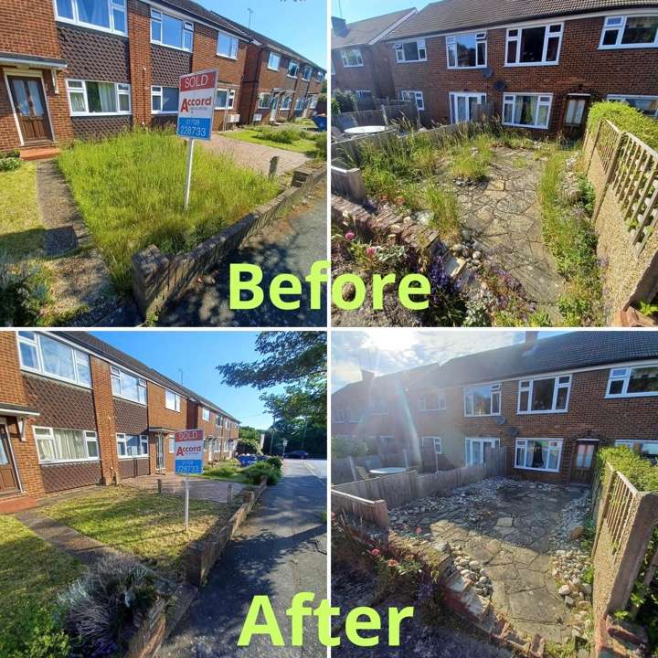 Before and after front garden clearance — overgrown flats entrance cleared in Havering