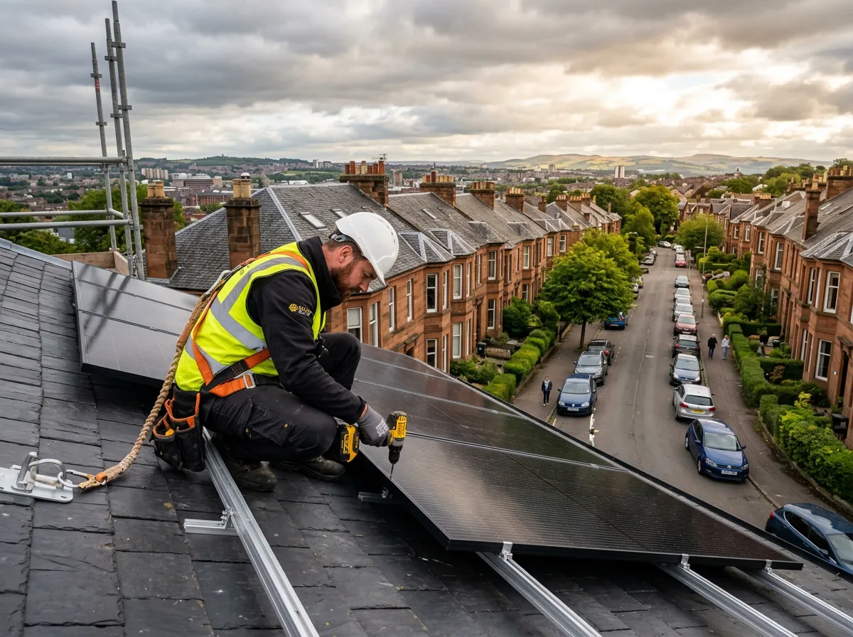 A male solar panel installer wearing a white hard hat, hi-vis yellow and orange safety vest, safety harness, and dark workwear crouches on a grey slate rooftop, using a yellow DeWalt cordless drill to secure black solar PV panels onto silver aluminium mounting rails. Scaffolding is visible to the left. In the background, a long tree-lined residential street is flanked by rows of traditional red sandstone terraced houses with chimney stacks, parked cars, and a distant hillside cityscape under a dramatic overcast sky with breaks of warm light.