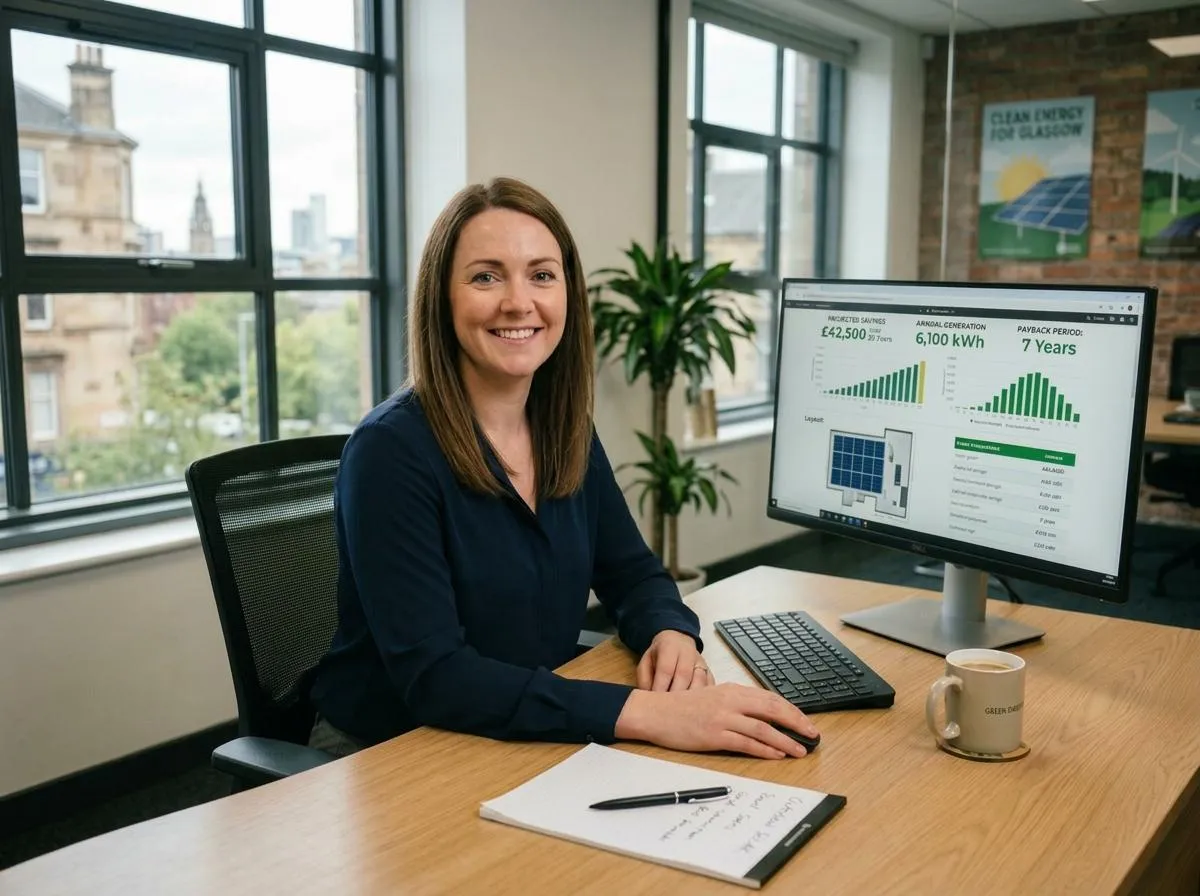 A smiling professional woman with long brown hair, wearing a navy blue top, sits at an oak office desk. Behind her is a desktop monitor displaying a solar energy savings dashboard with the figures: Projected Savings £42,500 over 30 years, Annual Generation 6,100 kWh, and Payback Period 7 Years, along with bar charts and a solar panel layout diagram. A notepad with handwritten notes and a branded "Green Energy" coffee mug are on the desk. Large windows reveal a Scottish cityscape, and a poster on an exposed brick wall reads "Clean Energy for Glasgow".