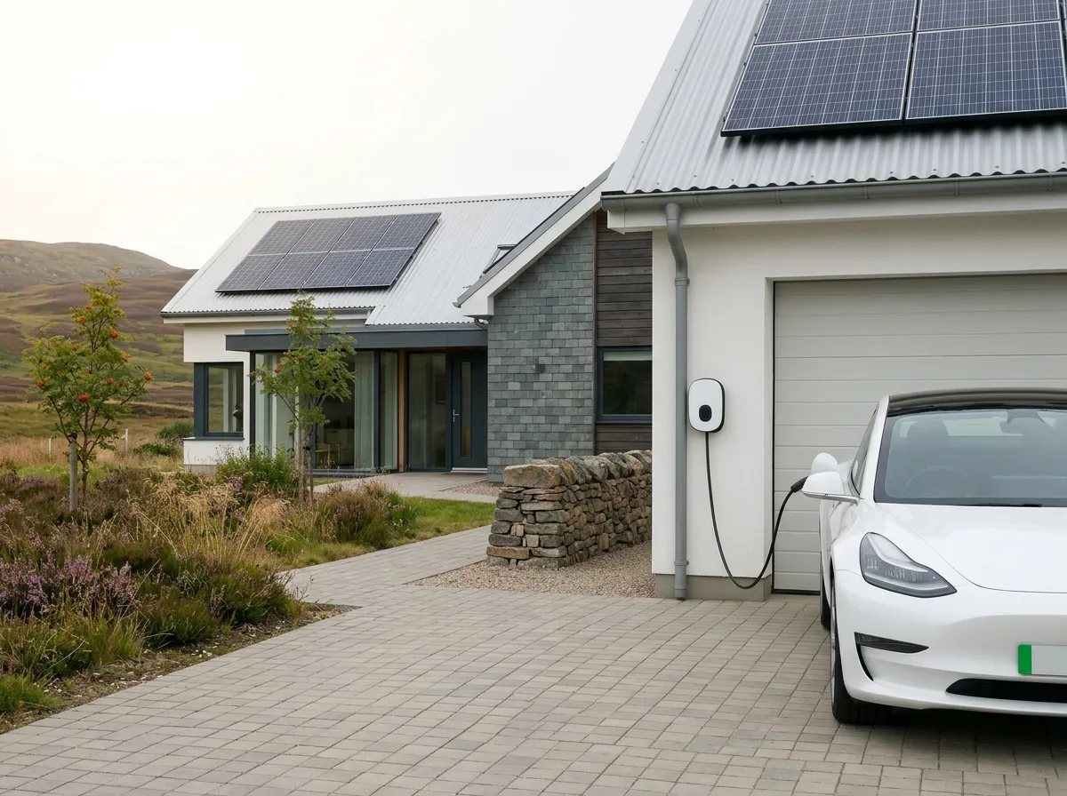 A modern architect-designed rural Scottish home with white rendered walls, grey slate cladding, wooden panel accents, and large glazed windows, set against open Highland moorland with rolling hills and heather. Multiple black solar PV panels are visible on both roof sections. A white Tesla Model 3 electric vehicle is parked on a block-paved driveway beside a garage, plugged into a white wall-mounted EV charger. A dry-stone wall and ornamental planting complete the scene. The image illustrates an integrated solar and EV charging lifestyle in a remote rural setting.