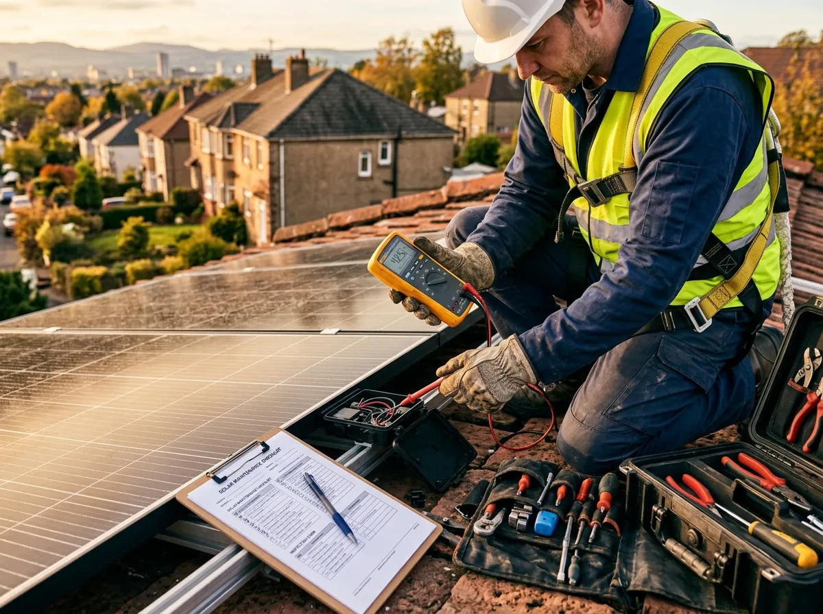 A male solar technician wearing a white hard hat, yellow hi-vis vest, blue work jacket, dark trousers, and heavy-duty gloves crouches on a residential rooftop beside a dusty solar panel array. He is using a yellow Fluke digital multimeter with red and black test leads to take electrical readings from an open junction box. An open black tool case with pliers, screwdrivers, and wire strippers sits beside him. A clipboard with a printed Solar Maintenance Checklist rests on the panel rail in the foreground. Pebble-dashed houses, trees, and a distant cityscape are visible in the warm golden-hour background.