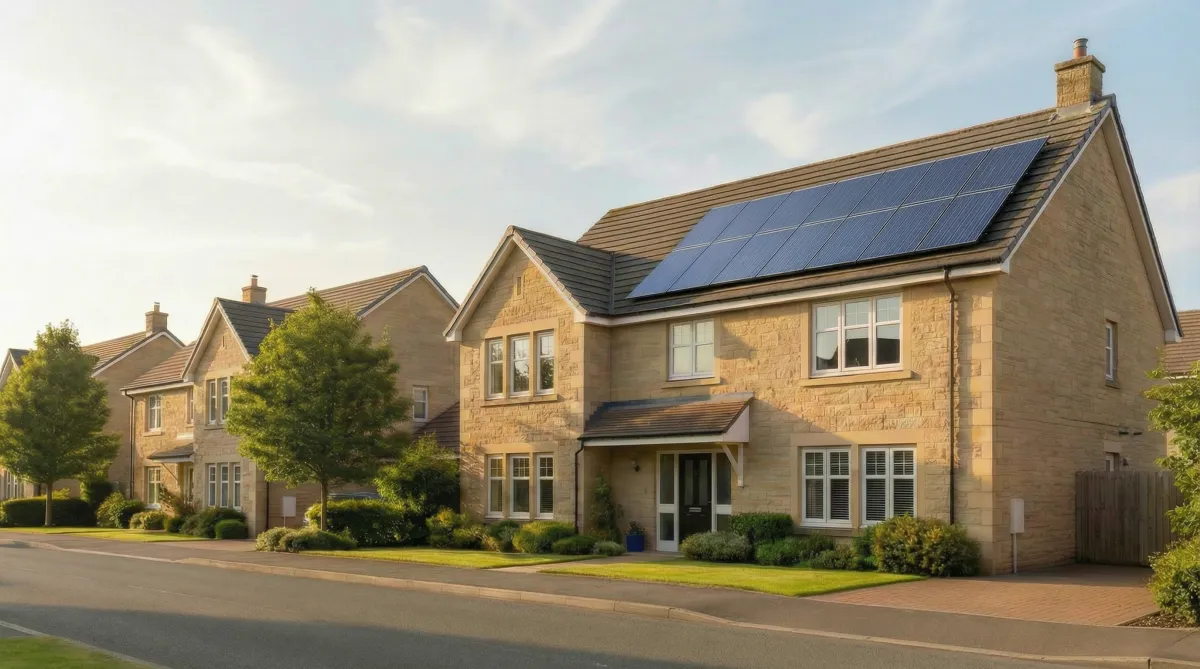 A large, traditional two-storey detached house built in honey-coloured natural stone with grey roof tiles, white-framed sash windows, and a dark front door with a canopy porch, set on a quiet, well-kept suburban street in warm golden sunlight. A large array of dark blue monocrystalline solar panels in a 4×3 grid is fitted to the south-facing roof pitch. Two similar stone-built houses are visible behind, with manicured front gardens, young trees, and green lawns. The pale blue sky and warm lighting give the scene a positive, aspirational tone.